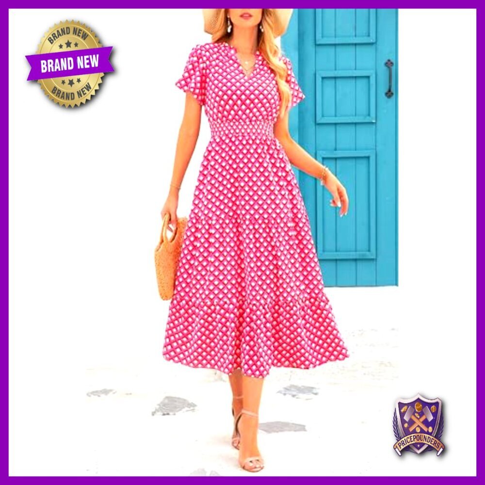 Floral Maxi Dress V Neck Puff Sleeve Smocked Waist Boho Summer Casual - Picture 4 of 7